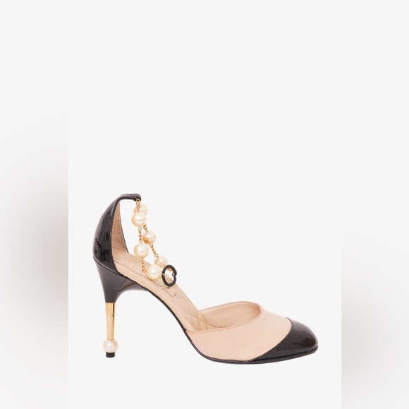 Chanel Beige Pearl Embellished Ankle Strap Heels - Picture 9 of 10